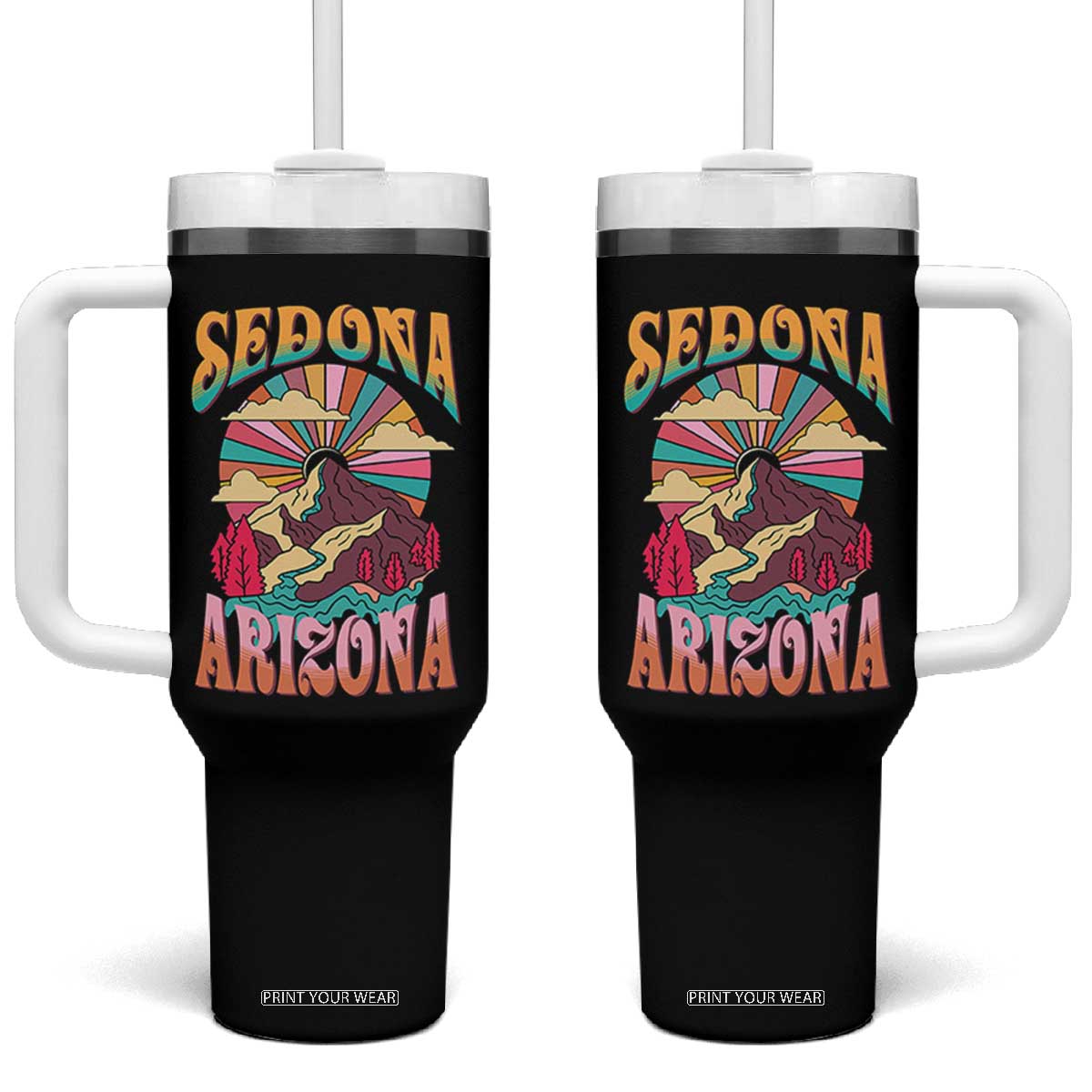 Vintage Retro Sedona Arizona Graphic Tumbler With Handle Psychedelic Red Rock Mountain Sunset Travel Souvenir
