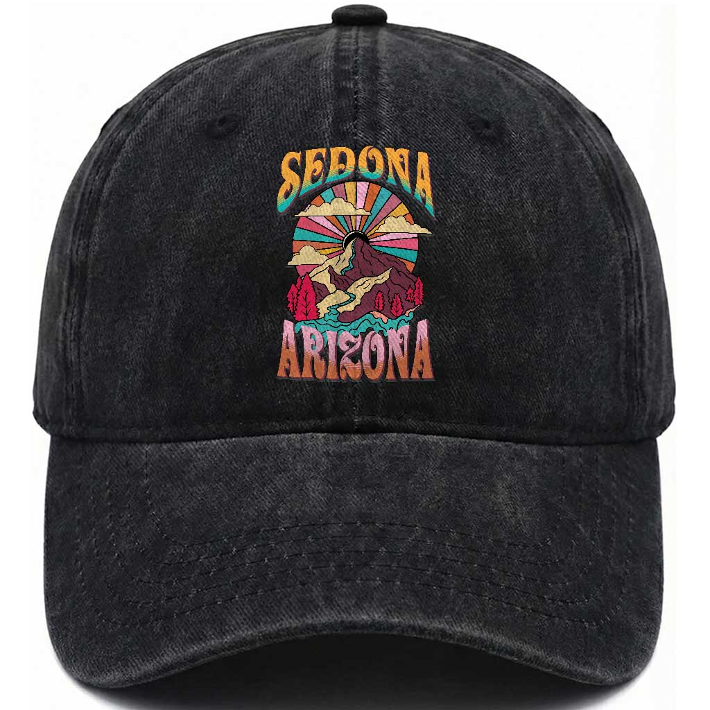 Vintage Retro Sedona Arizona Graphic Washed Cotton Baseball Cap Psychedelic Red Rock Mountain Sunset Travel Souvenir TS02 Print Your Wear