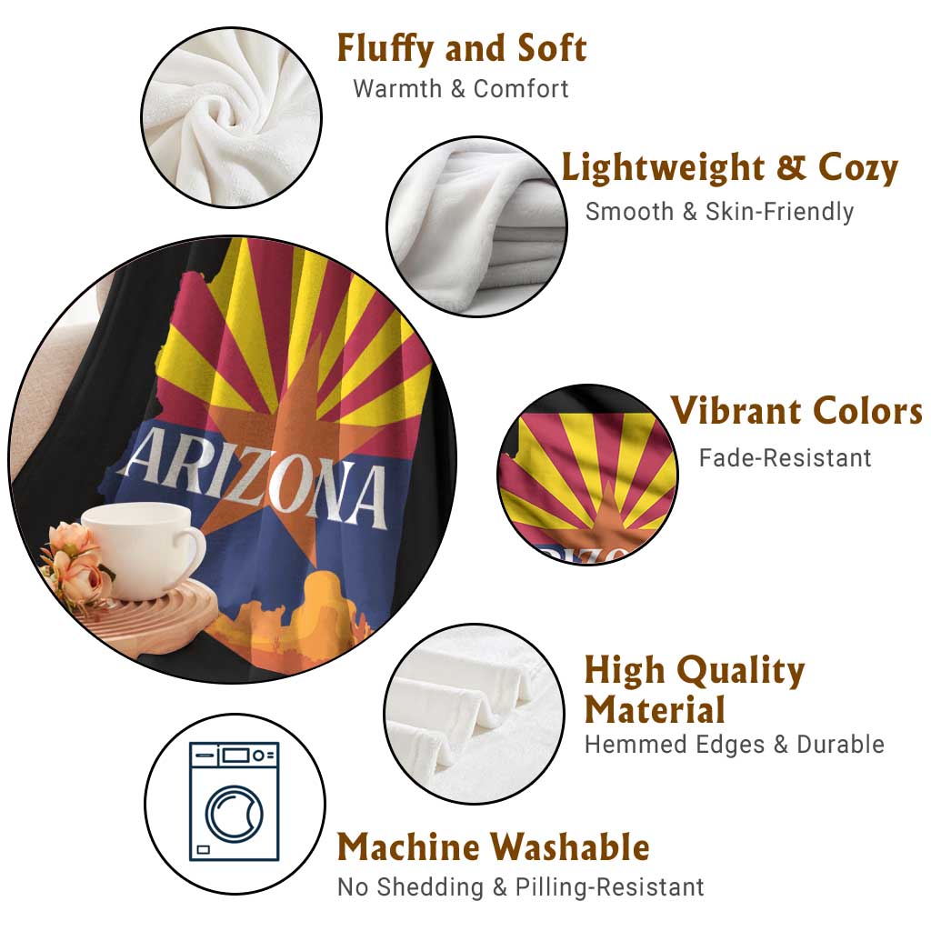 Arizona State Flag Map Graphic Throw Blanket Southwest Sunburst Cactus State Pride Souvenir