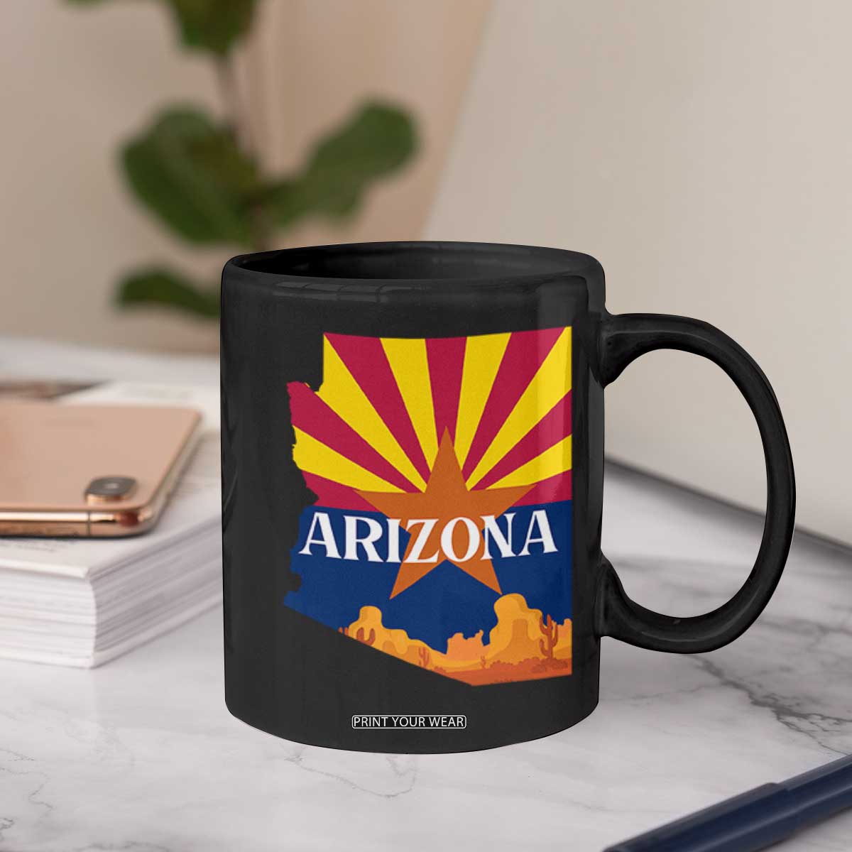 Arizona State Flag Map Graphic Coffee Mug Southwest Sunburst Cactus State Pride Souvenir