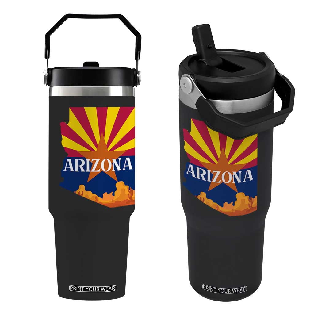 Arizona State Flag Map Graphic Flip Straw Tumbler Southwest Sunburst Cactus State Pride Souvenir TS02 One Size: 30 oz Black Print Your Wear