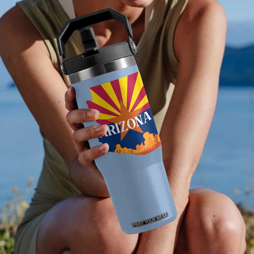 Arizona State Flag Map Graphic Flip Straw Tumbler Southwest Sunburst Cactus State Pride Souvenir