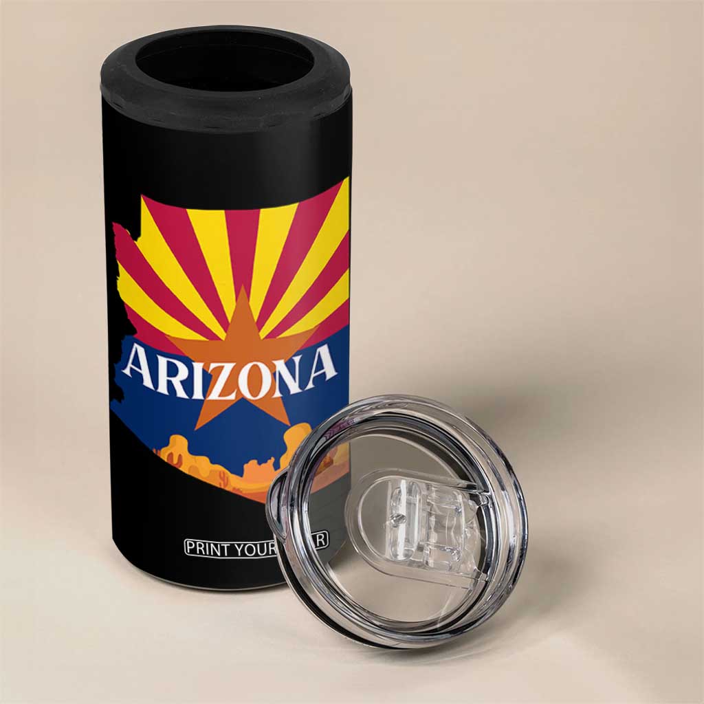 Arizona State Flag Map Graphic 4 in 1 Can Cooler Tumbler Southwest Sunburst Cactus State Pride Souvenir