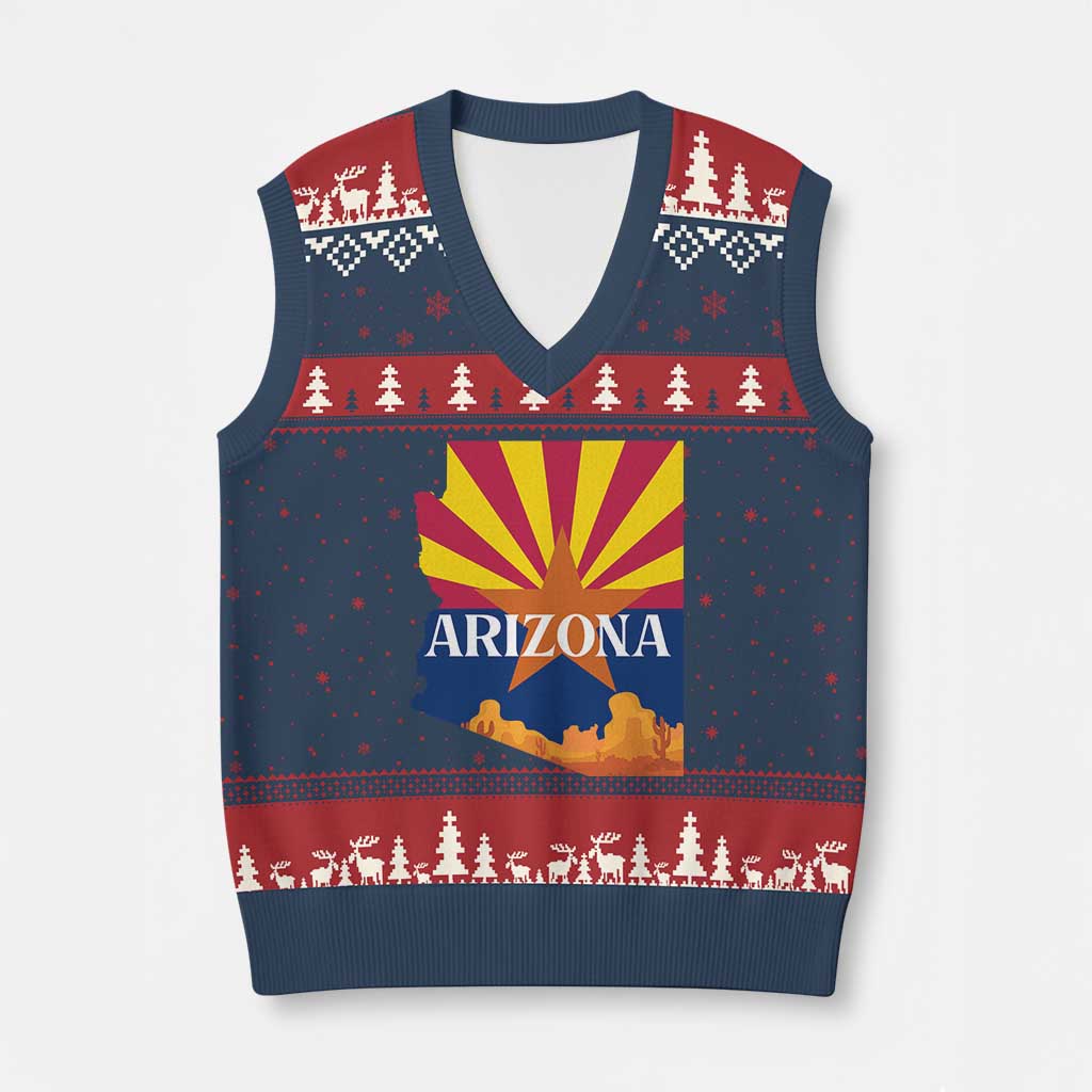 Arizona State Flag Map Graphic V-Neck Knit Sweater Vest Southwest Sunburst Cactus State Pride Souvenir TS02 Navy Red Print Your Wear