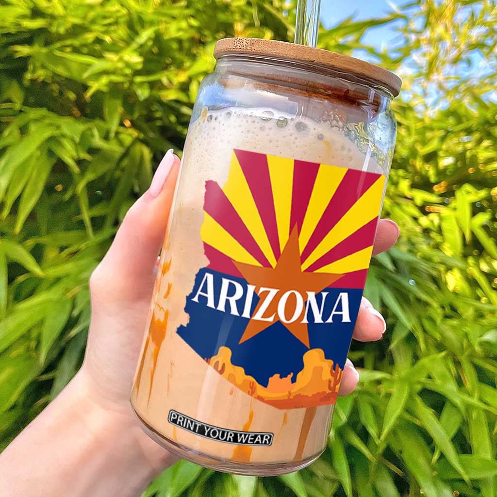 Arizona State Flag Map Graphic Glass Can Southwest Sunburst Cactus State Pride Souvenir TS02 Black Print Your Wear