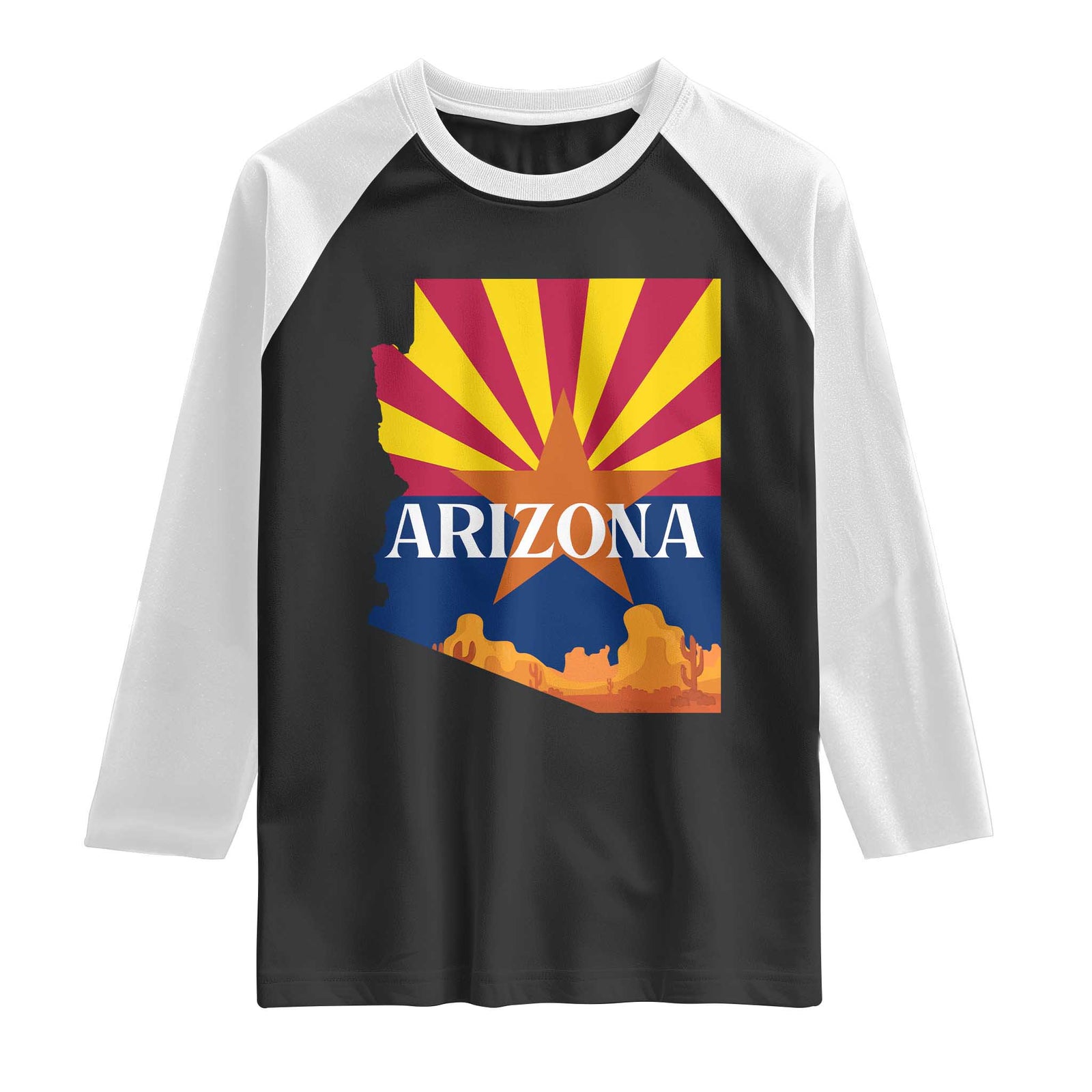 Arizona State Flag Map Graphic Raglan Shirt Southwest Sunburst Cactus State Pride Souvenir TS02 Black White Print Your Wear