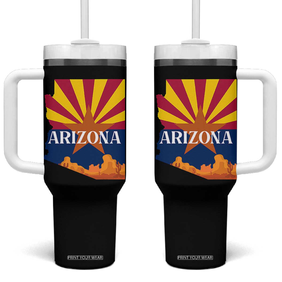 Arizona State Flag Map Graphic Tumbler With Handle Southwest Sunburst Cactus State Pride Souvenir TS02 One Size: 40 oz Black Print Your Wear