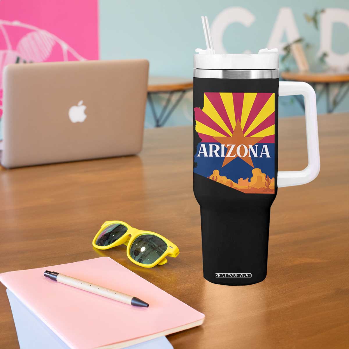 Arizona State Flag Map Graphic Tumbler With Handle Southwest Sunburst Cactus State Pride Souvenir