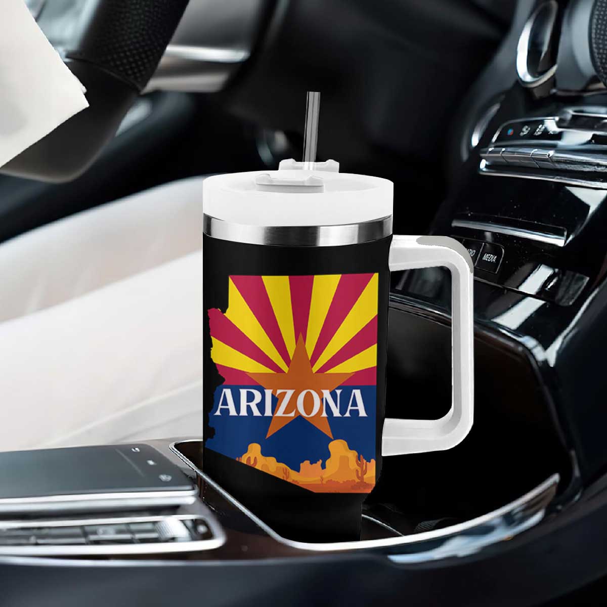 Arizona State Flag Map Graphic Tumbler With Handle Southwest Sunburst Cactus State Pride Souvenir