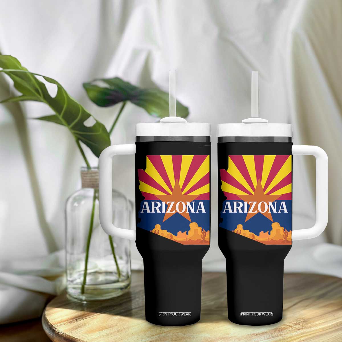 Arizona State Flag Map Graphic Tumbler With Handle Southwest Sunburst Cactus State Pride Souvenir
