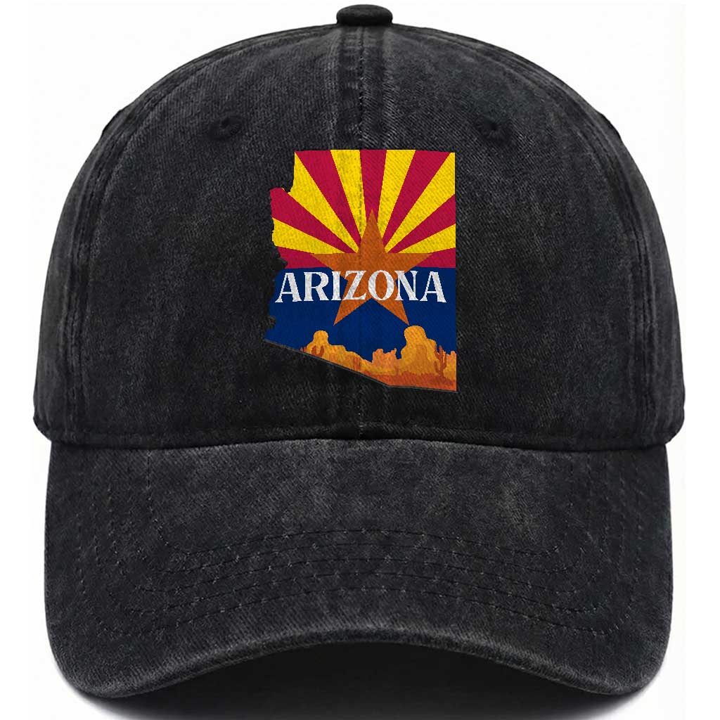 Arizona State Flag Map Graphic Washed Cotton Baseball Cap Southwest Sunburst Cactus State Pride Souvenir TS02 Print Your Wear