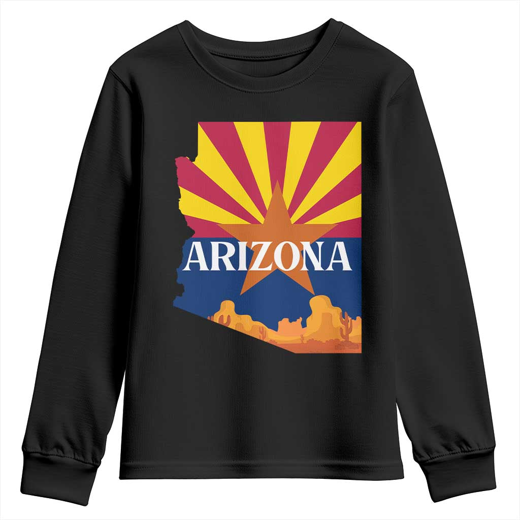 Arizona State Flag Map Graphic Youth Sweatshirt Southwest Sunburst Cactus State Pride Souvenir TS02 Black Print Your Wear
