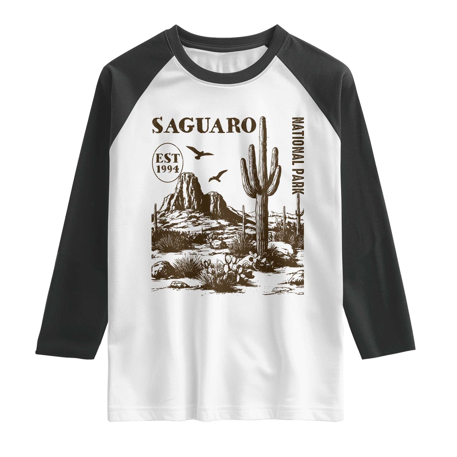 Vintage Saguaro National Park Est 1994 Graphic Raglan Shirt Retro Arizona Desert Mountain Hiking Souvenir TS02 White Black Print Your Wear