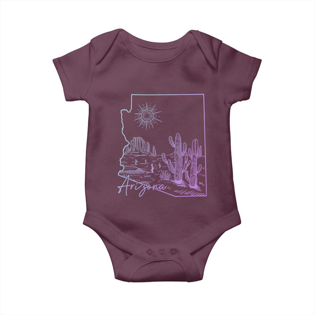 Glowing Arizona State Map Outline Graphic Baby Onesie Neon Gradient Cactus Desert Travel Souvenir