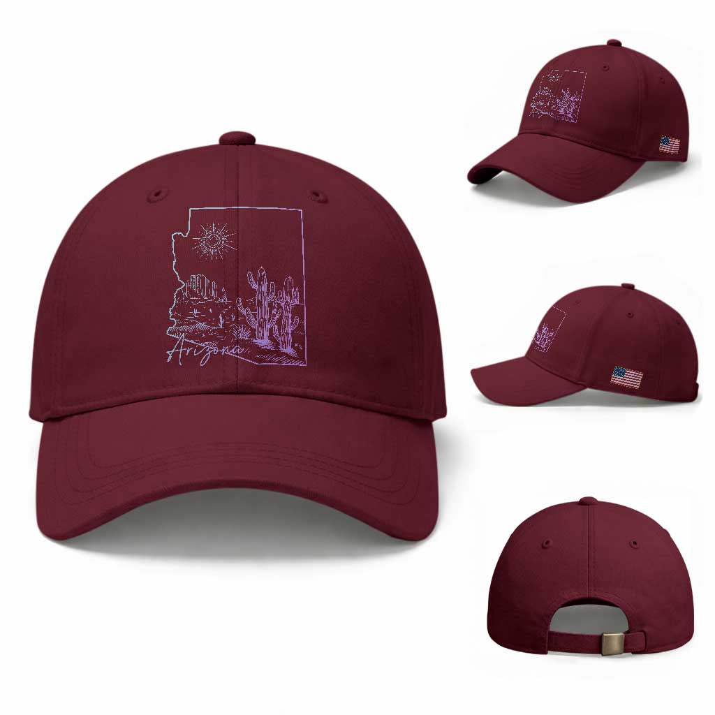 Glowing Arizona State Map Outline Graphic Baseball Cap Neon Gradient Cactus Desert Travel Souvenir