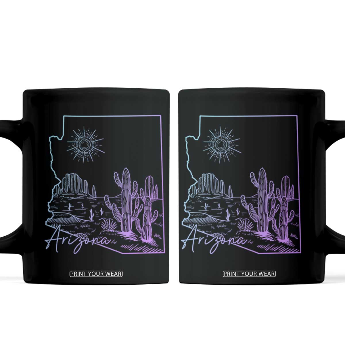 Glowing Arizona State Map Outline Graphic Coffee Mug Neon Gradient Cactus Desert Travel Souvenir TS02 Black Print Your Wear