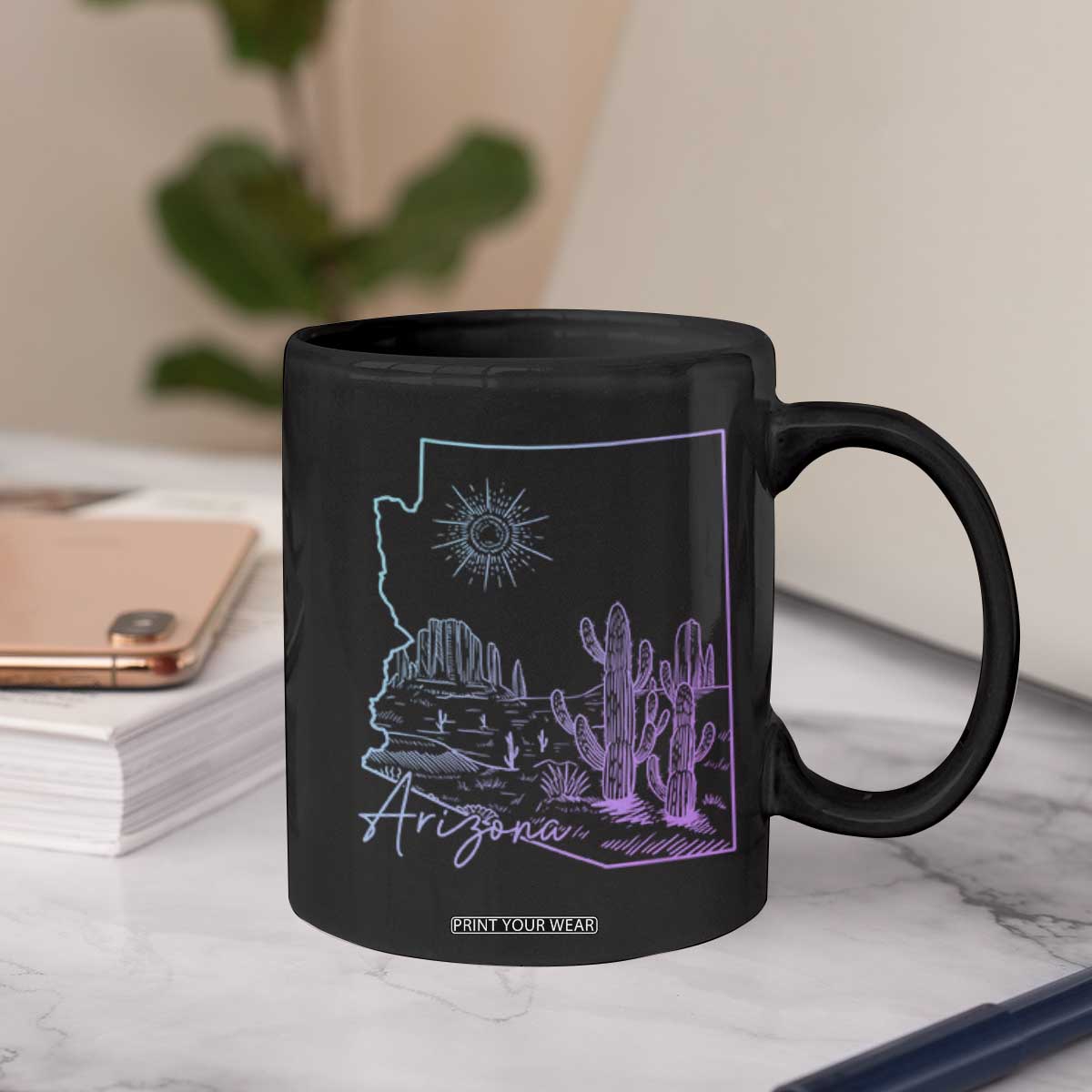 Glowing Arizona State Map Outline Graphic Coffee Mug Neon Gradient Cactus Desert Travel Souvenir