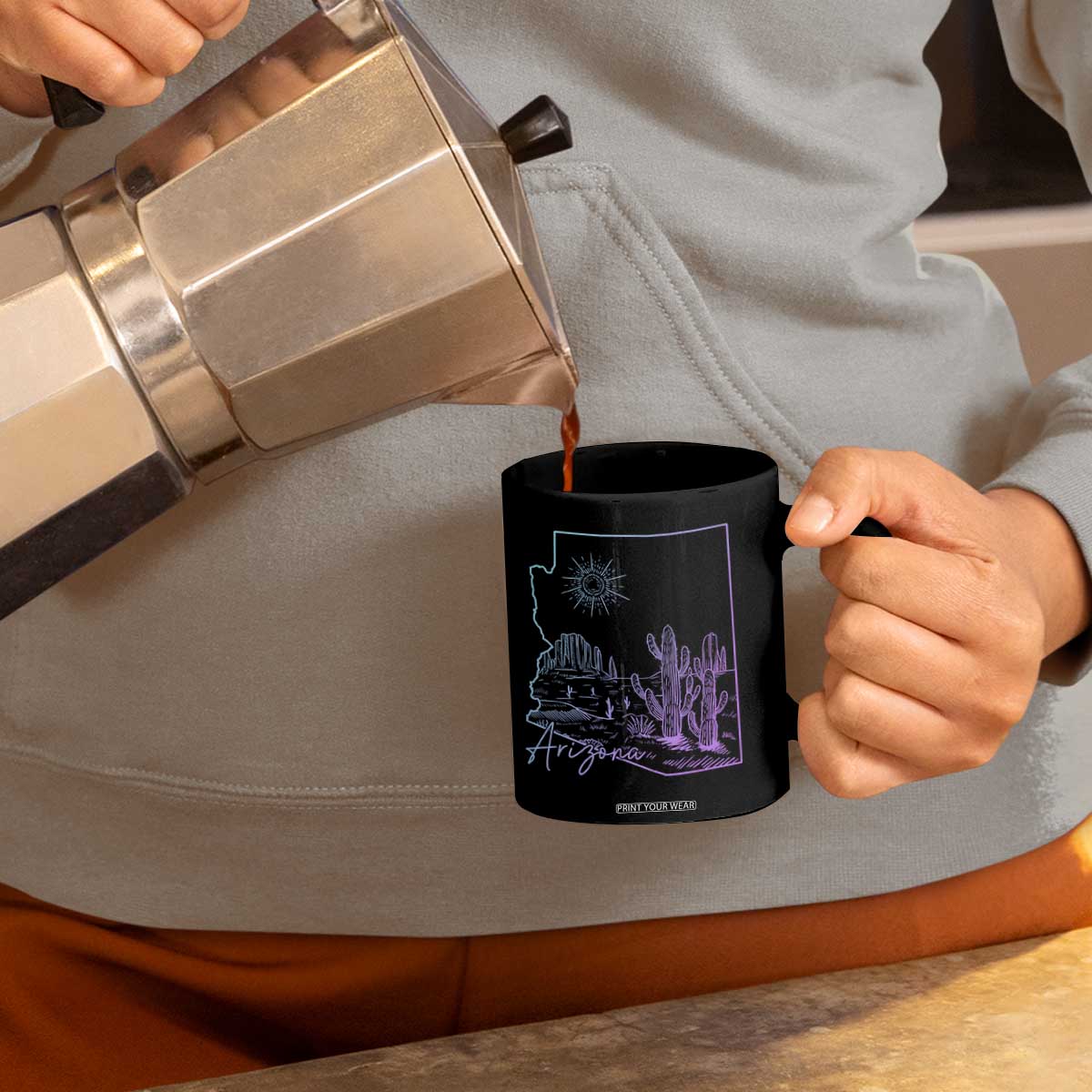 Glowing Arizona State Map Outline Graphic Coffee Mug Neon Gradient Cactus Desert Travel Souvenir