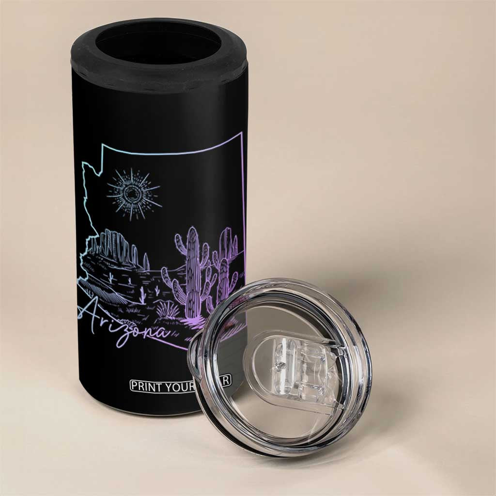 Glowing Arizona State Map Outline Graphic 4 in 1 Can Cooler Tumbler Neon Gradient Cactus Desert Travel Souvenir