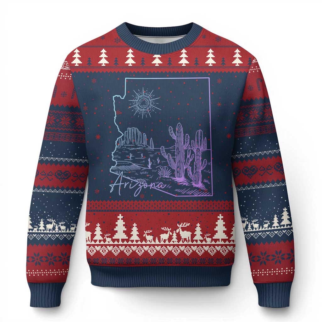 Glowing Arizona State Map Outline Graphic Ugly Christmas Sweater Neon Gradient Cactus Desert Travel Souvenir