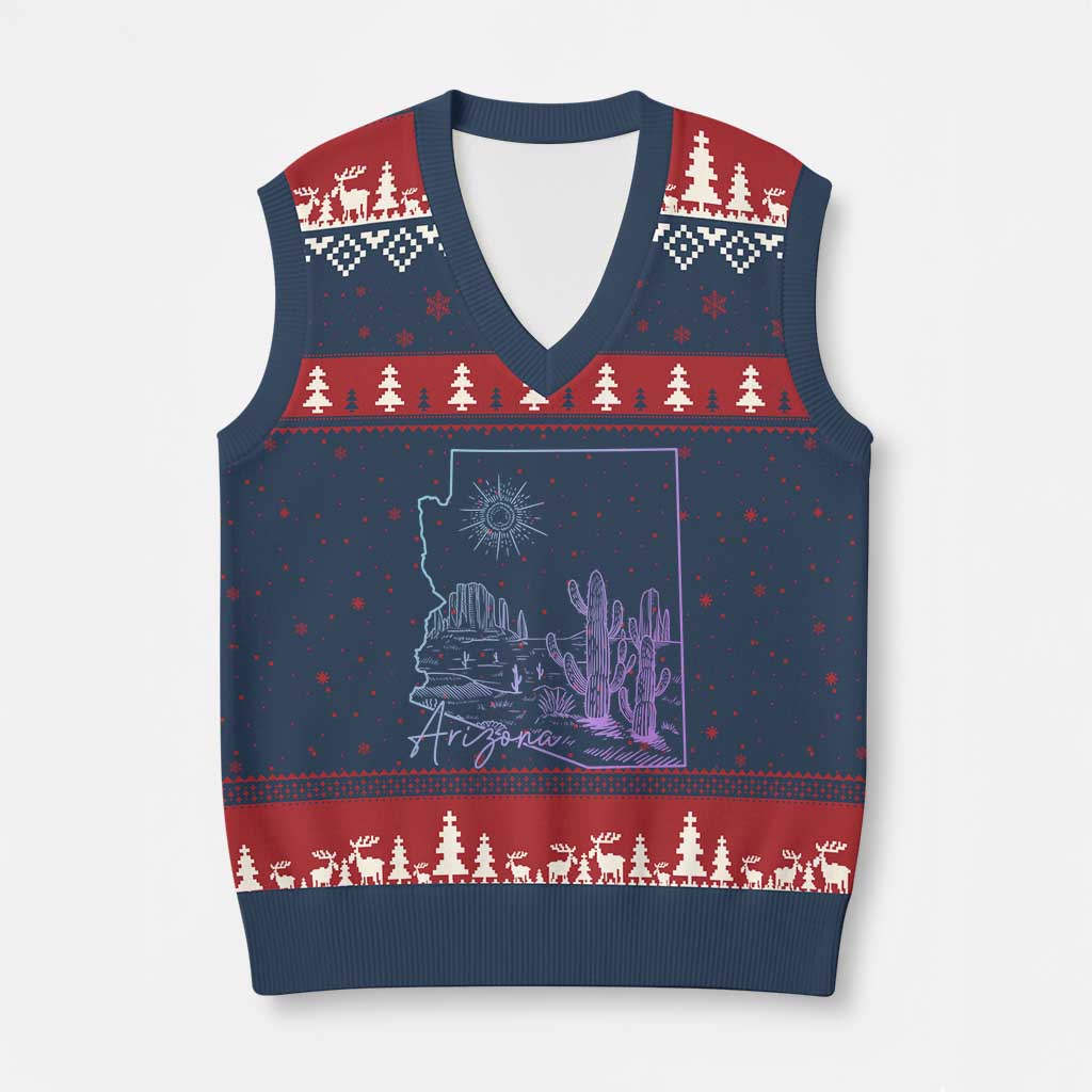 Glowing Arizona State Map Outline Graphic V-Neck Knit Sweater Vest Neon Gradient Cactus Desert Travel Souvenir TS02 Navy Red Print Your Wear
