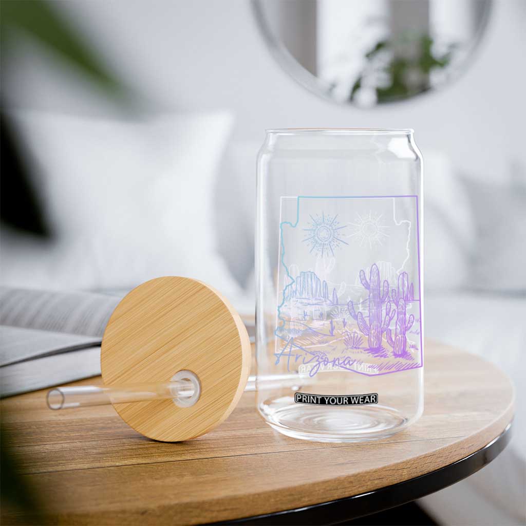 Glowing Arizona State Map Outline Graphic Glass Can Neon Gradient Cactus Desert Travel Souvenir