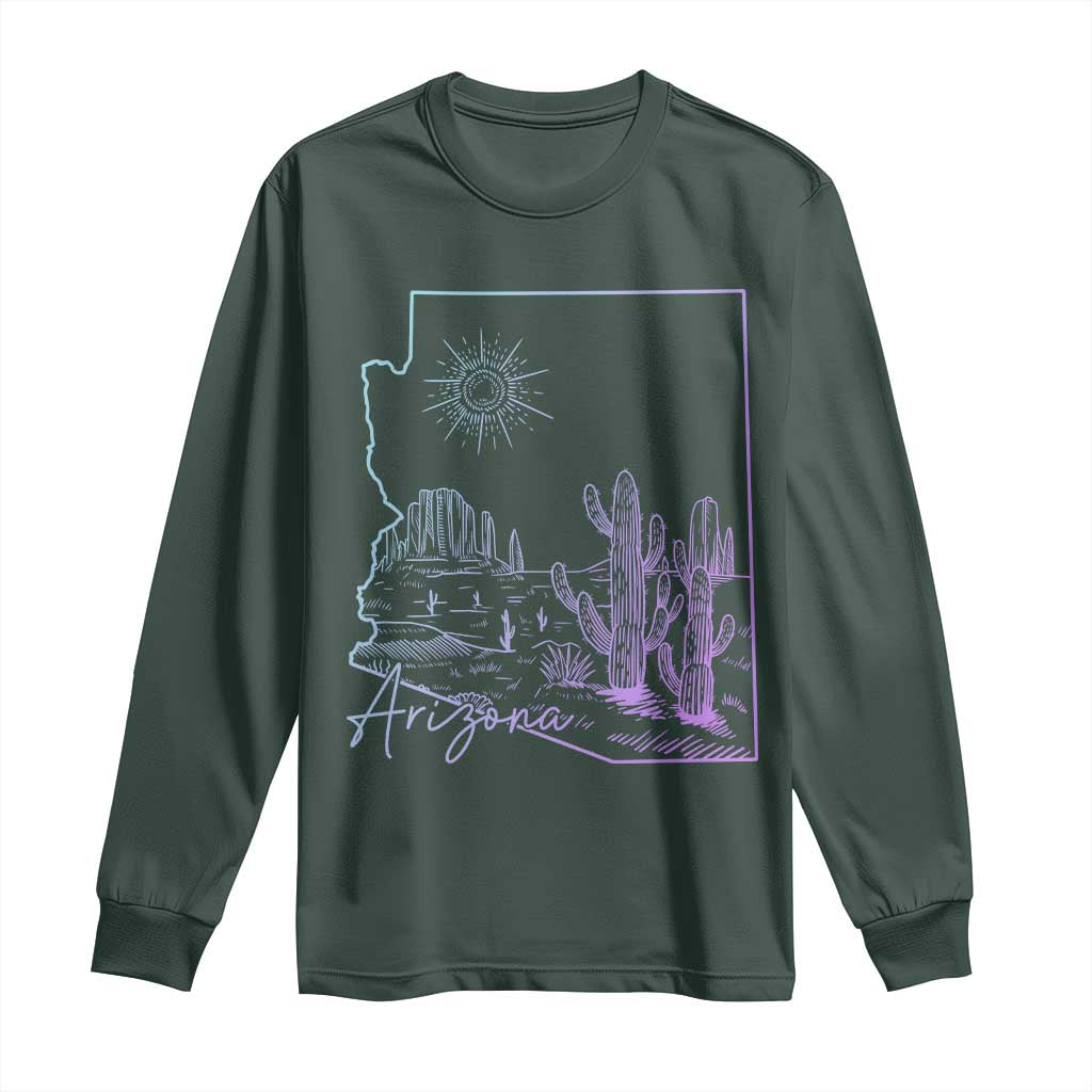 Glowing Arizona State Map Outline Graphic Long Sleeve Shirt Neon Gradient Cactus Desert Travel Souvenir