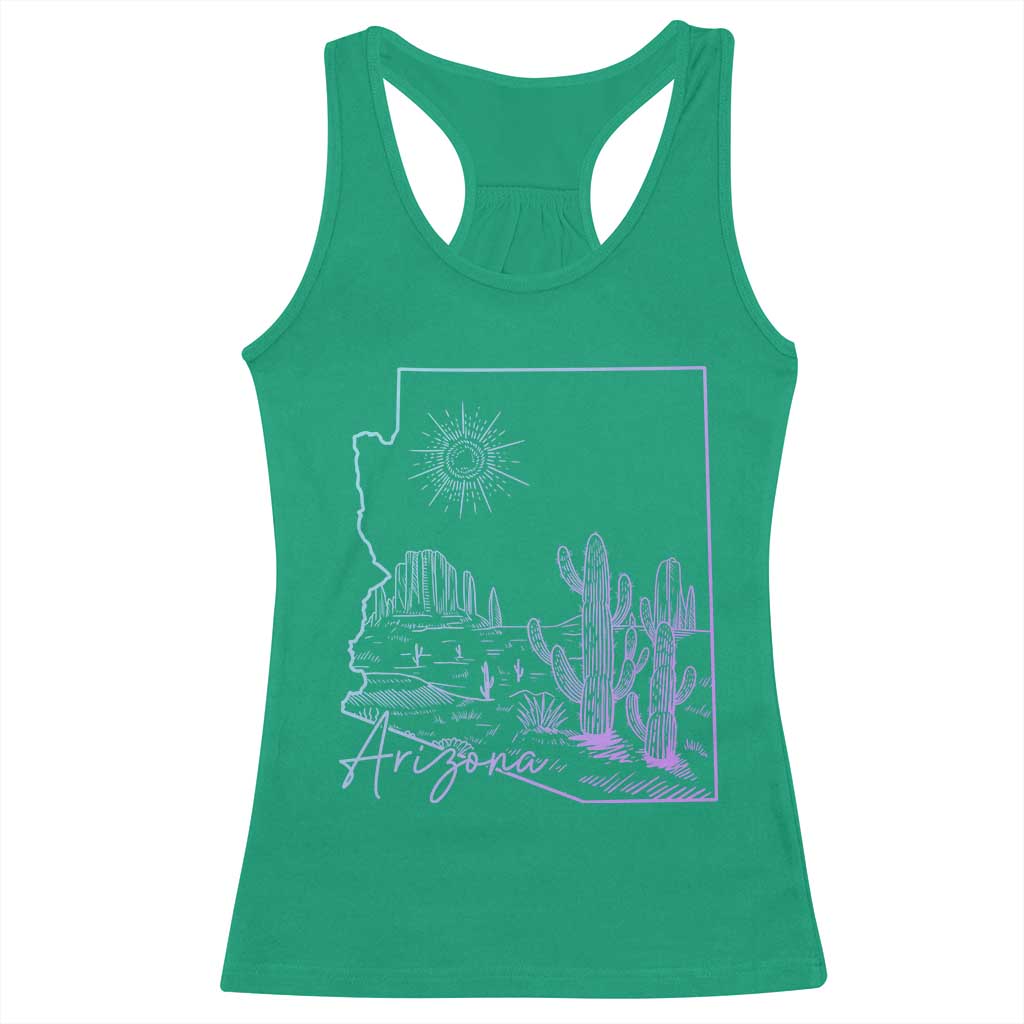 Glowing Arizona State Map Outline Graphic Racerback Tank Top Neon Gradient Cactus Desert Travel Souvenir