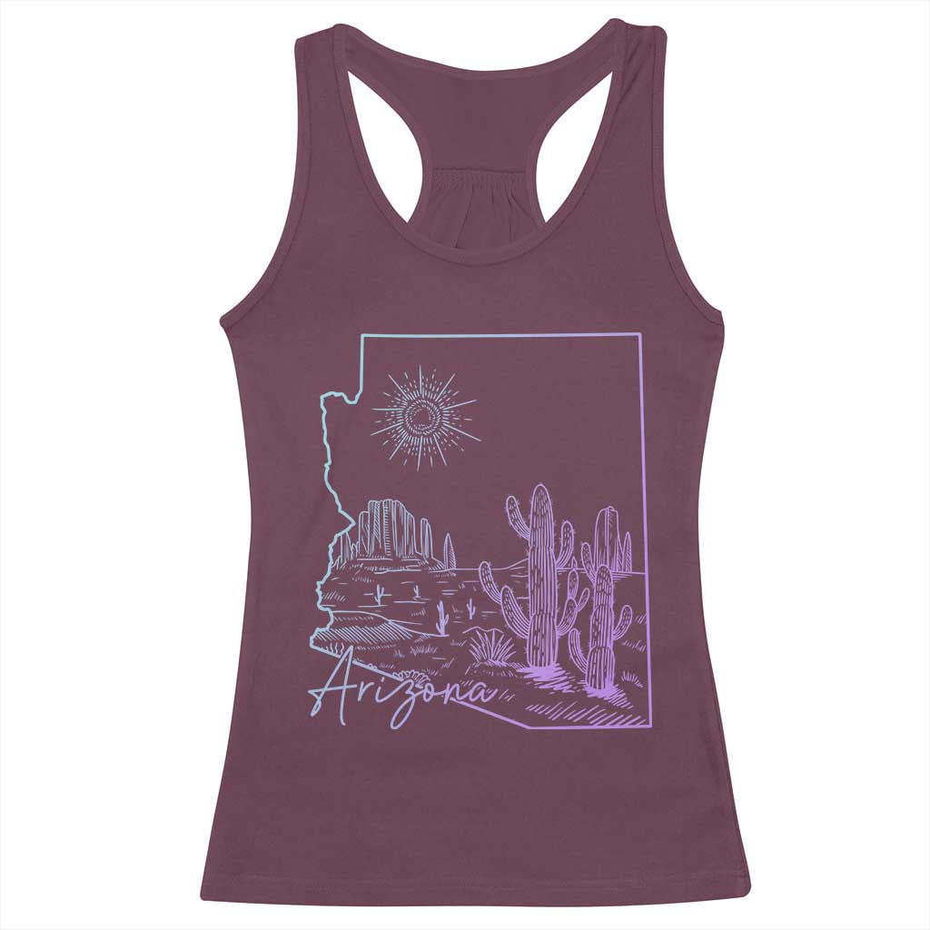 Glowing Arizona State Map Outline Graphic Racerback Tank Top Neon Gradient Cactus Desert Travel Souvenir