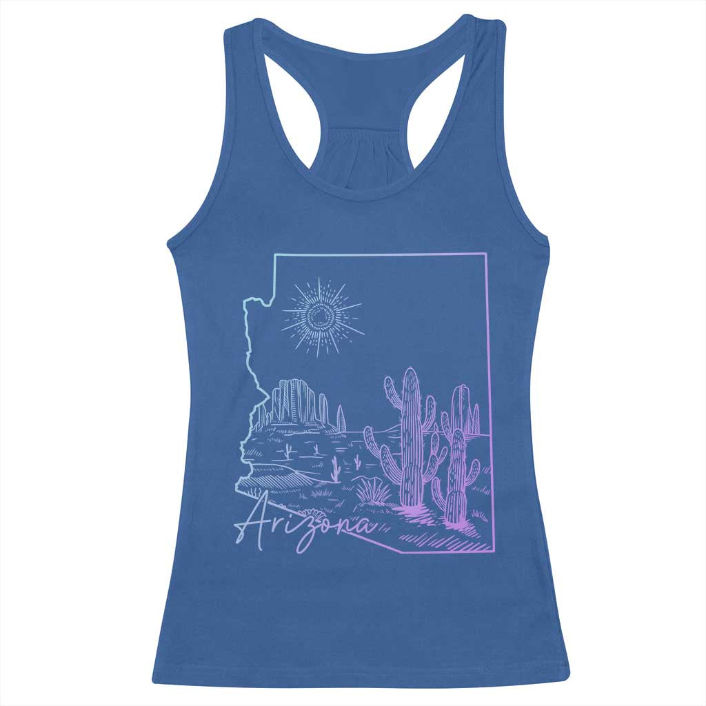 Glowing Arizona State Map Outline Graphic Racerback Tank Top Neon Gradient Cactus Desert Travel Souvenir