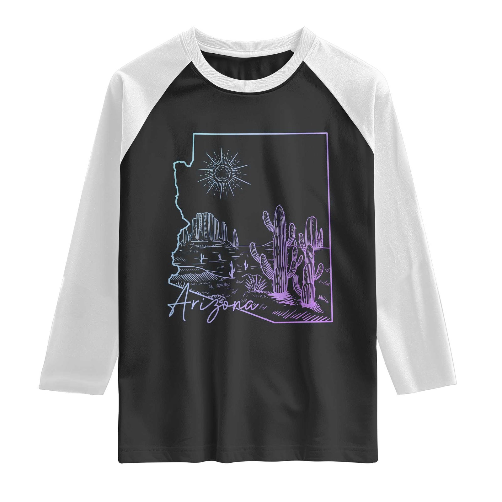 Glowing Arizona State Map Outline Graphic Raglan Shirt Neon Gradient Cactus Desert Travel Souvenir TS02 Black White Print Your Wear