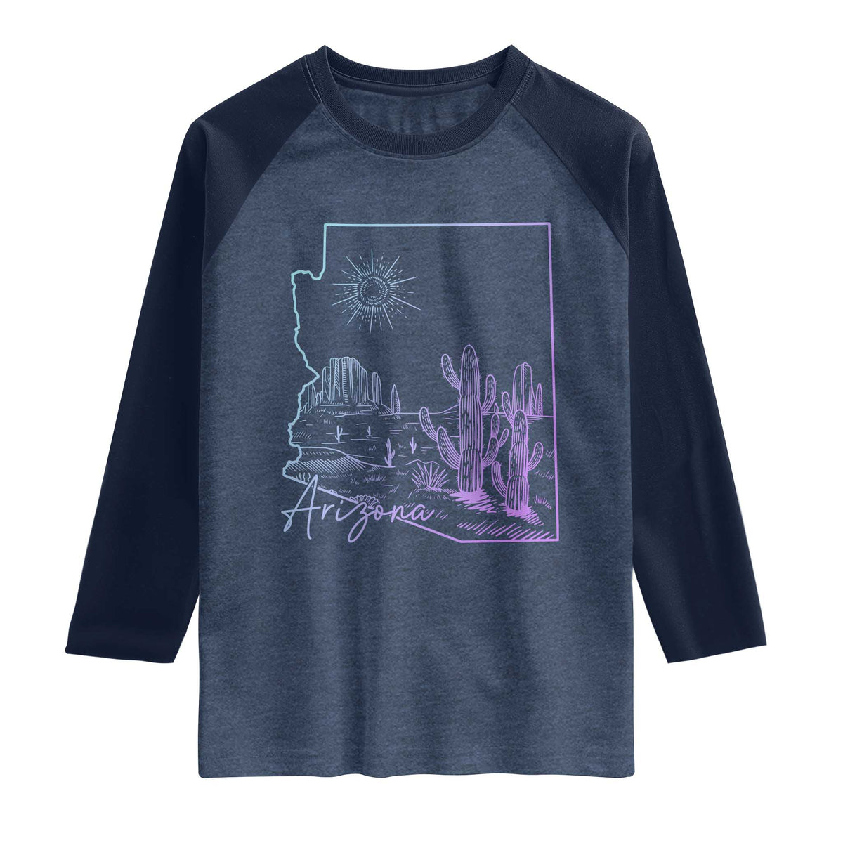 Glowing Arizona State Map Outline Graphic Raglan Shirt Neon Gradient Cactus Desert Travel Souvenir