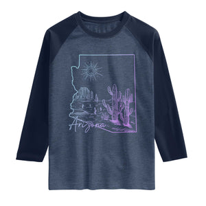 Glowing Arizona State Map Outline Graphic Raglan Shirt Neon Gradient Cactus Desert Travel Souvenir
