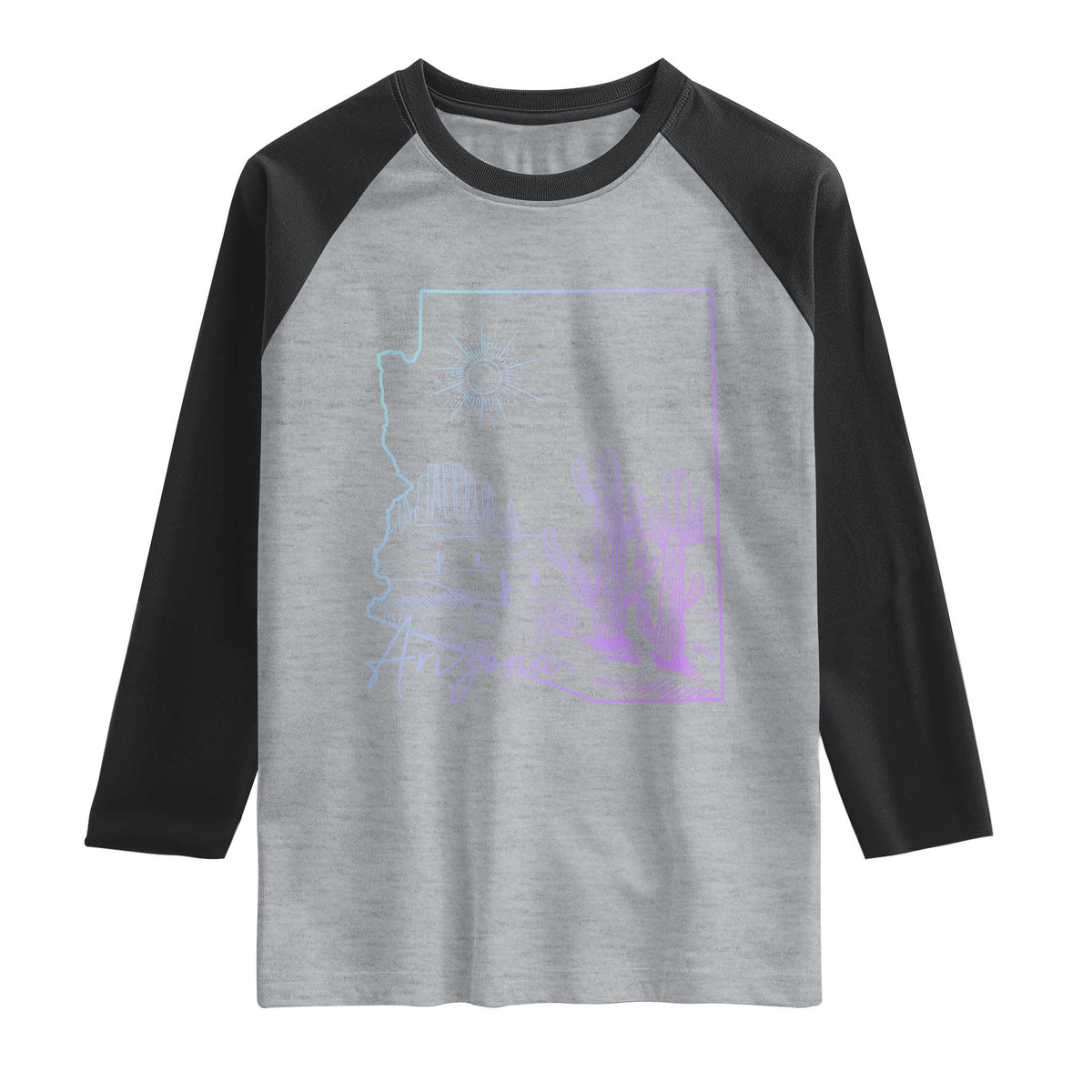 Glowing Arizona State Map Outline Graphic Raglan Shirt Neon Gradient Cactus Desert Travel Souvenir