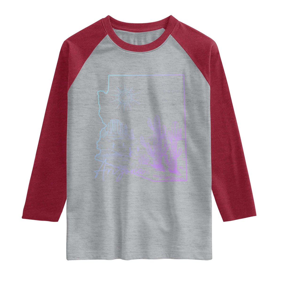 Glowing Arizona State Map Outline Graphic Raglan Shirt Neon Gradient Cactus Desert Travel Souvenir
