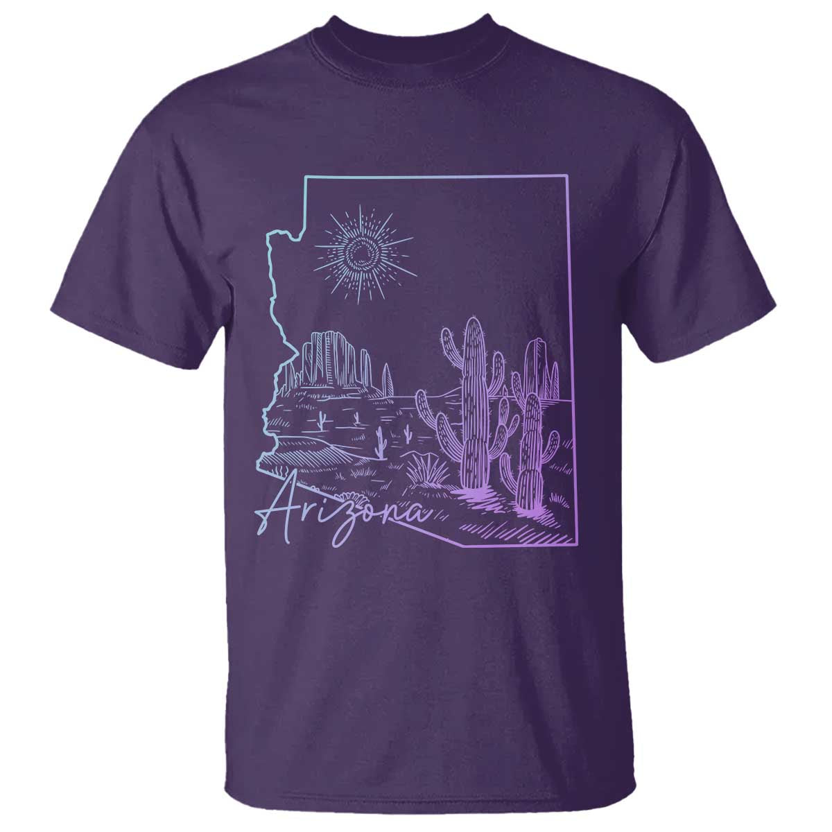 Glowing Arizona State Map Outline Graphic T Shirt Neon Gradient Cactus Desert Travel Souvenir