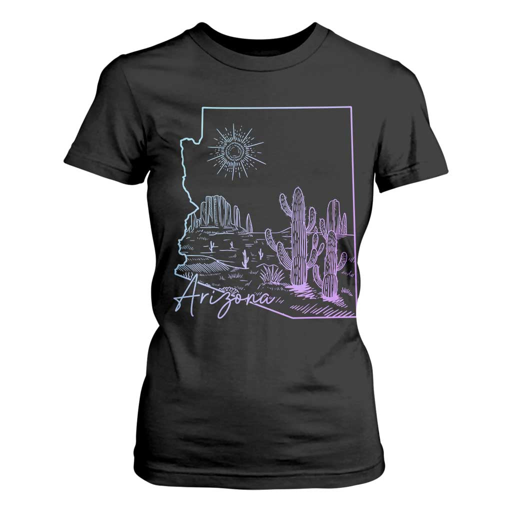 Glowing Arizona State Map Outline Graphic T Shirt For Women Neon Gradient Cactus Desert Travel Souvenir TS02 Black Print Your Wear