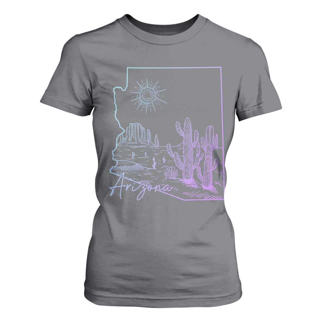 Glowing Arizona State Map Outline Graphic T Shirt For Women Neon Gradient Cactus Desert Travel Souvenir