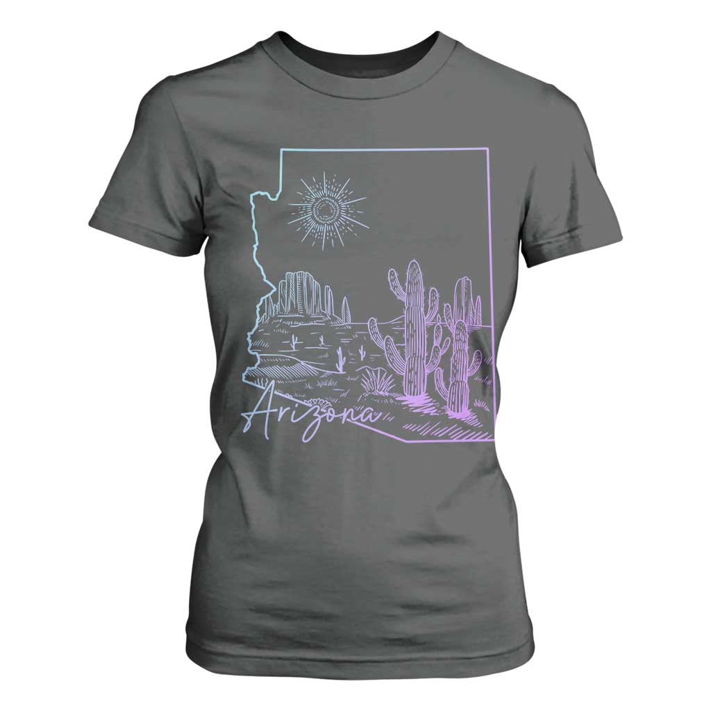 Glowing Arizona State Map Outline Graphic T Shirt For Women Neon Gradient Cactus Desert Travel Souvenir
