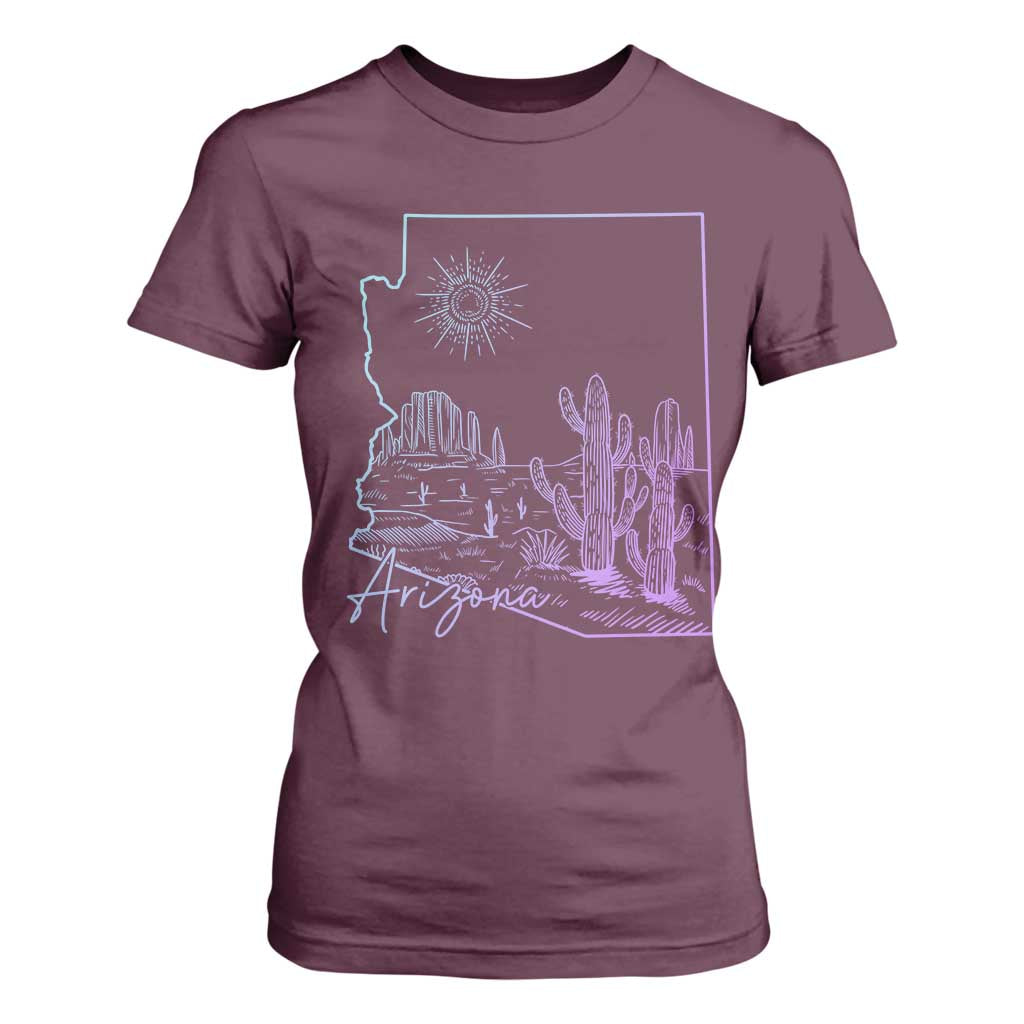 Glowing Arizona State Map Outline Graphic T Shirt For Women Neon Gradient Cactus Desert Travel Souvenir