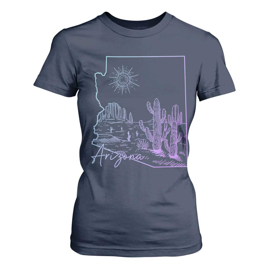 Glowing Arizona State Map Outline Graphic T Shirt For Women Neon Gradient Cactus Desert Travel Souvenir