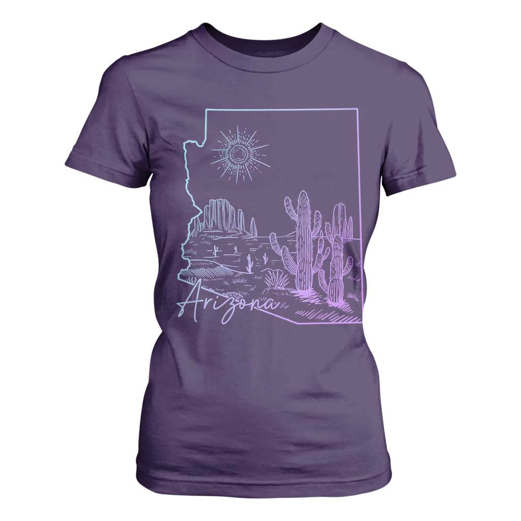 Glowing Arizona State Map Outline Graphic T Shirt For Women Neon Gradient Cactus Desert Travel Souvenir