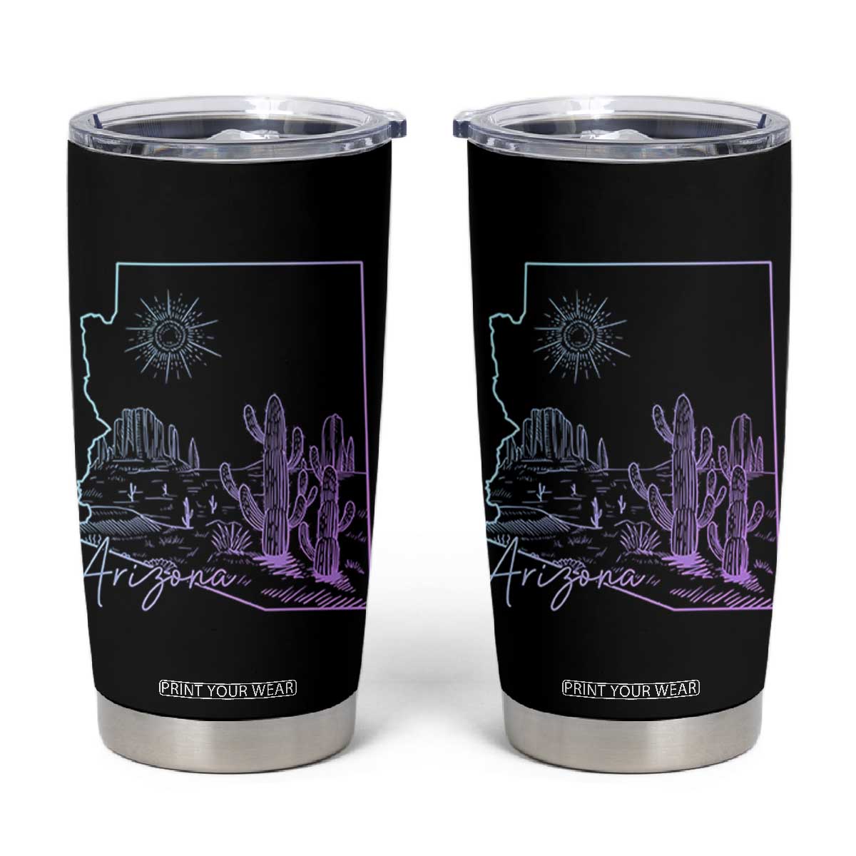 Glowing Arizona State Map Outline Graphic Tumbler Cup Neon Gradient Cactus Desert Travel Souvenir TS02 Black Print Your Wear