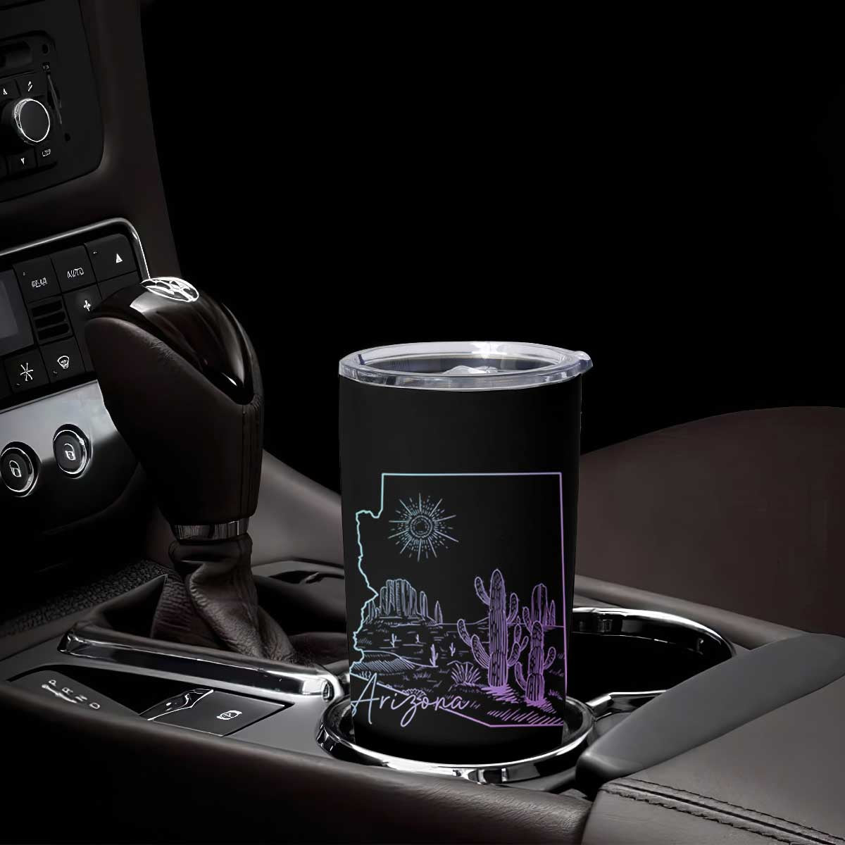 Glowing Arizona State Map Outline Graphic Tumbler Cup Neon Gradient Cactus Desert Travel Souvenir