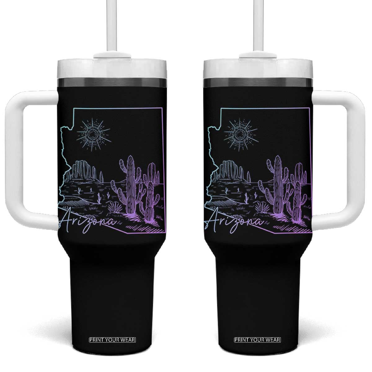 Glowing Arizona State Map Outline Graphic Tumbler With Handle Neon Gradient Cactus Desert Travel Souvenir