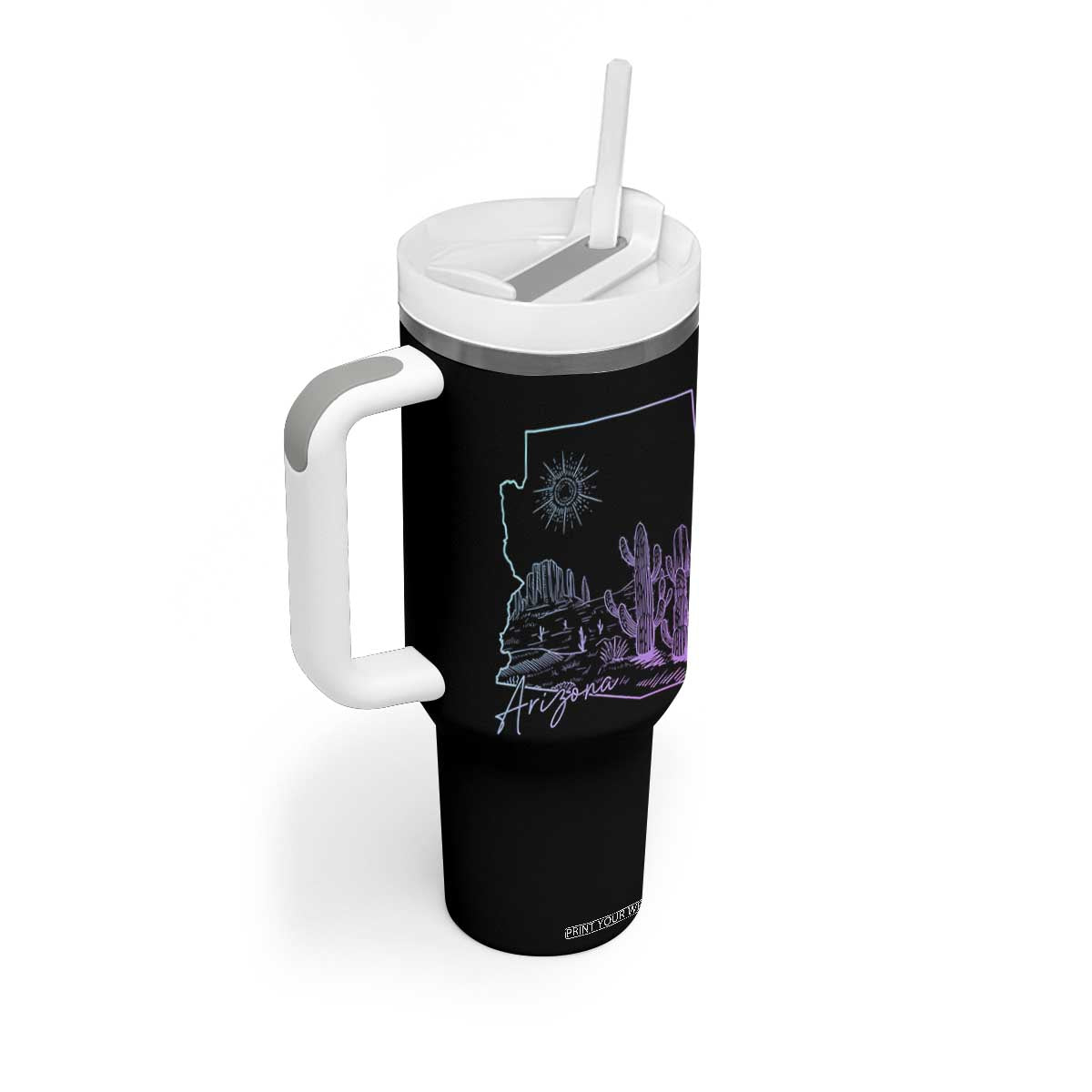 Glowing Arizona State Map Outline Graphic Tumbler With Handle Neon Gradient Cactus Desert Travel Souvenir