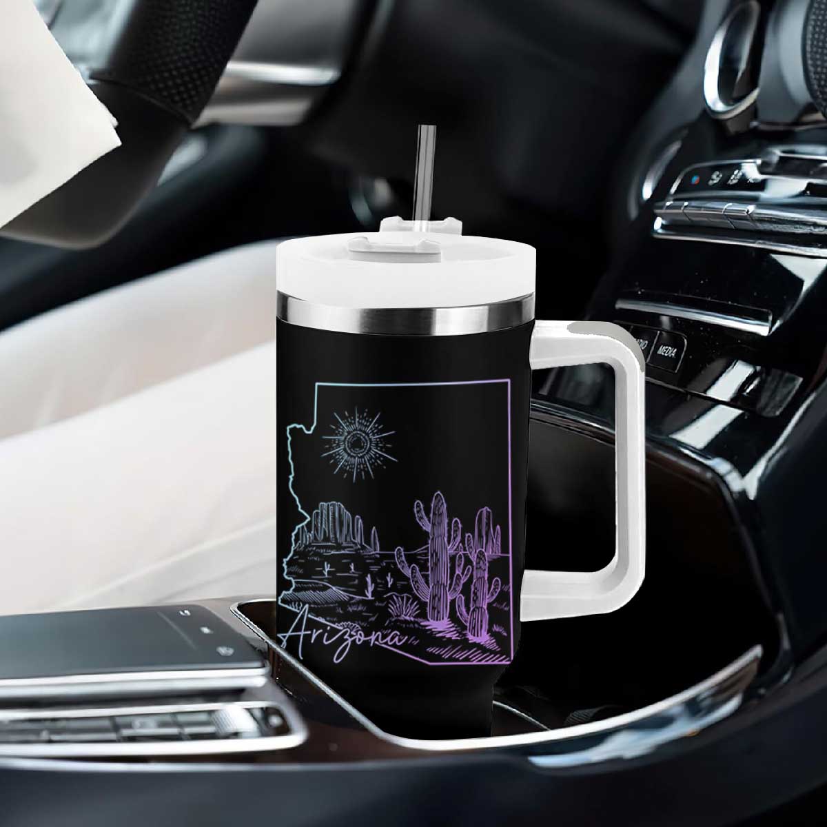 Glowing Arizona State Map Outline Graphic Tumbler With Handle Neon Gradient Cactus Desert Travel Souvenir