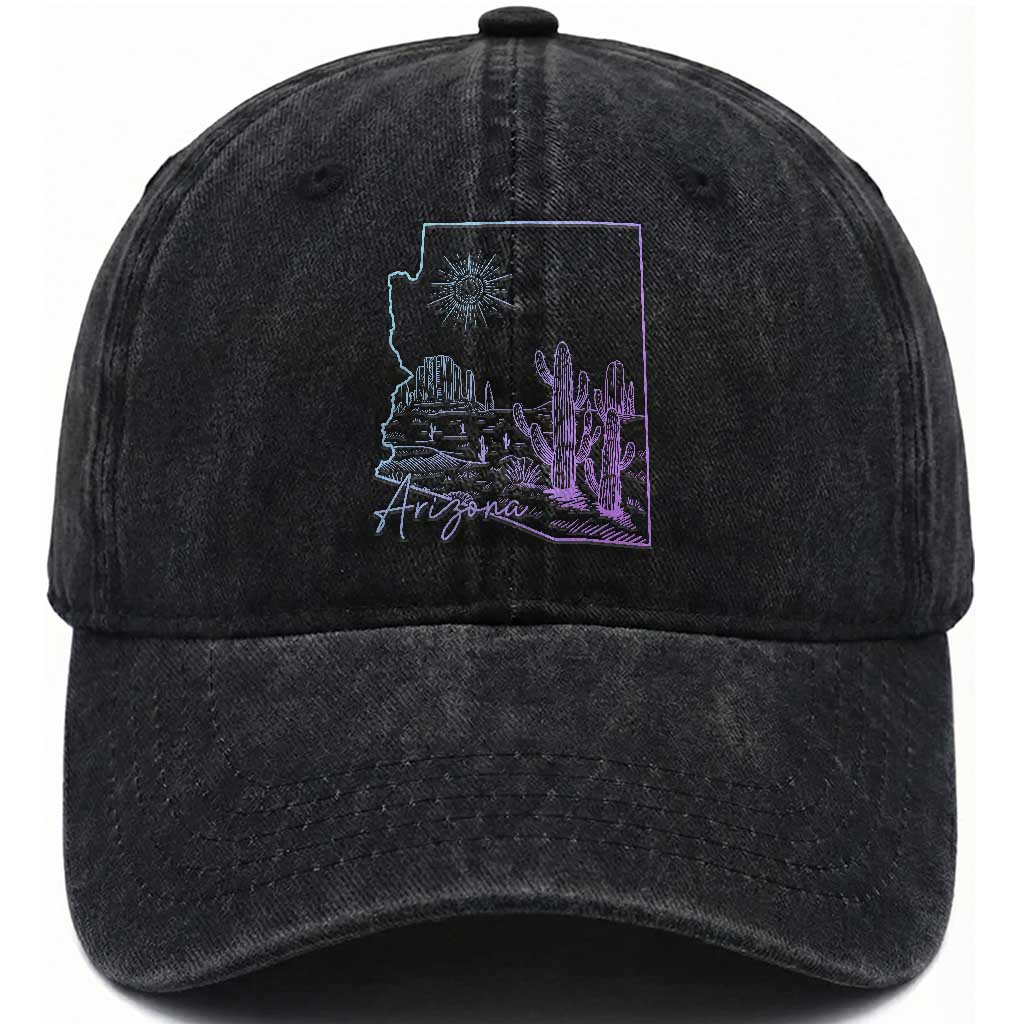 Glowing Arizona State Map Outline Graphic Washed Cotton Baseball Cap Neon Gradient Cactus Desert Travel Souvenir TS02 Print Your Wear
