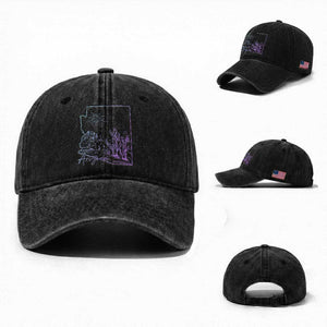 Glowing Arizona State Map Outline Graphic Washed Cotton Baseball Cap Neon Gradient Cactus Desert Travel Souvenir