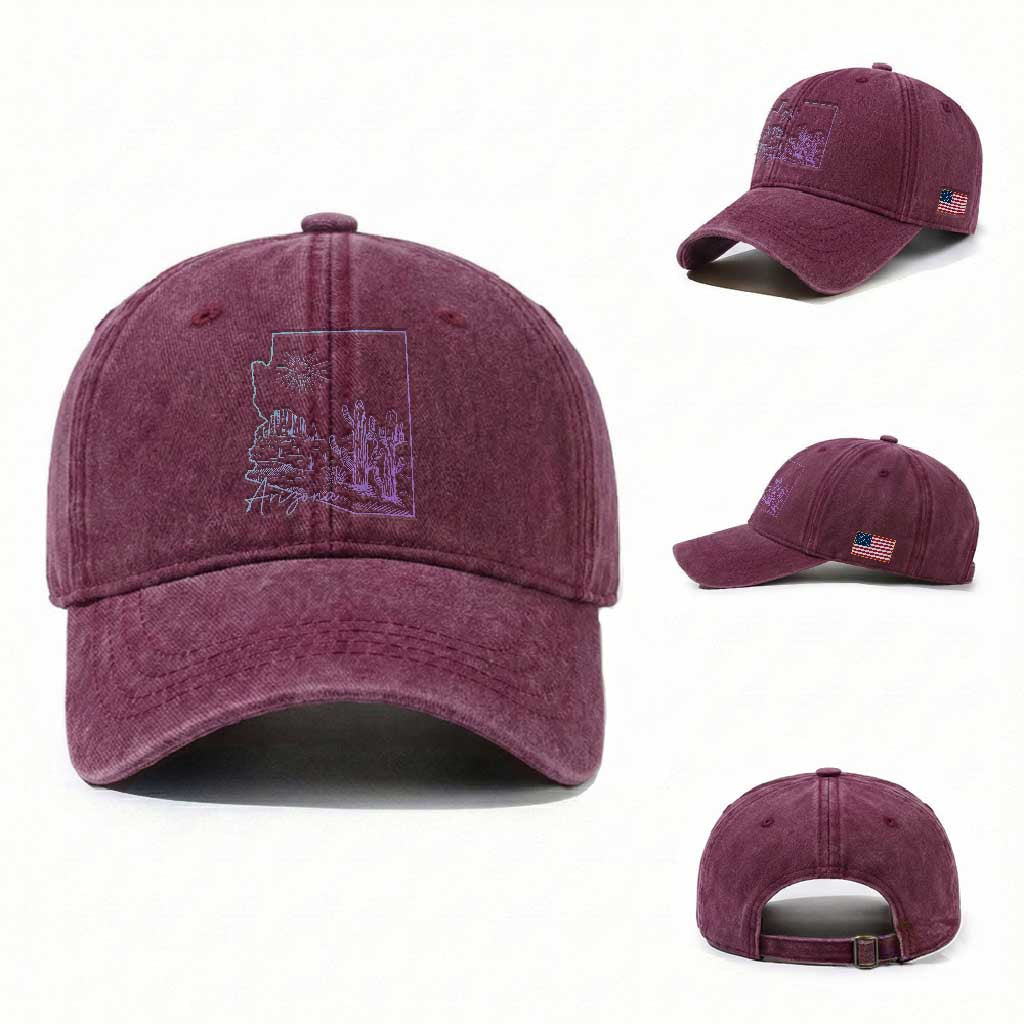 Glowing Arizona State Map Outline Graphic Washed Cotton Baseball Cap Neon Gradient Cactus Desert Travel Souvenir